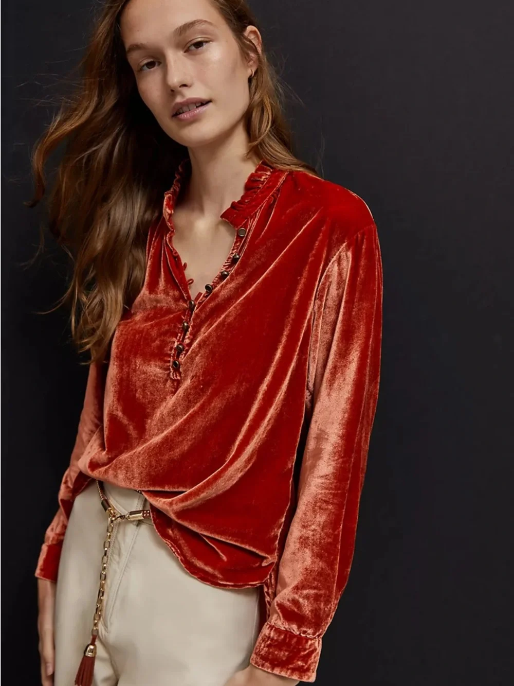 Anthropologie velvet Kristianne burnt orange button top size medium - Picture 3 of 11